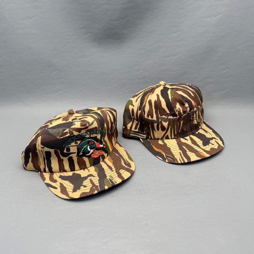Lot of 2 Vintage Ducks Unlimited Camo Snapback Hat Youngan Wood Duck Tiger Cam